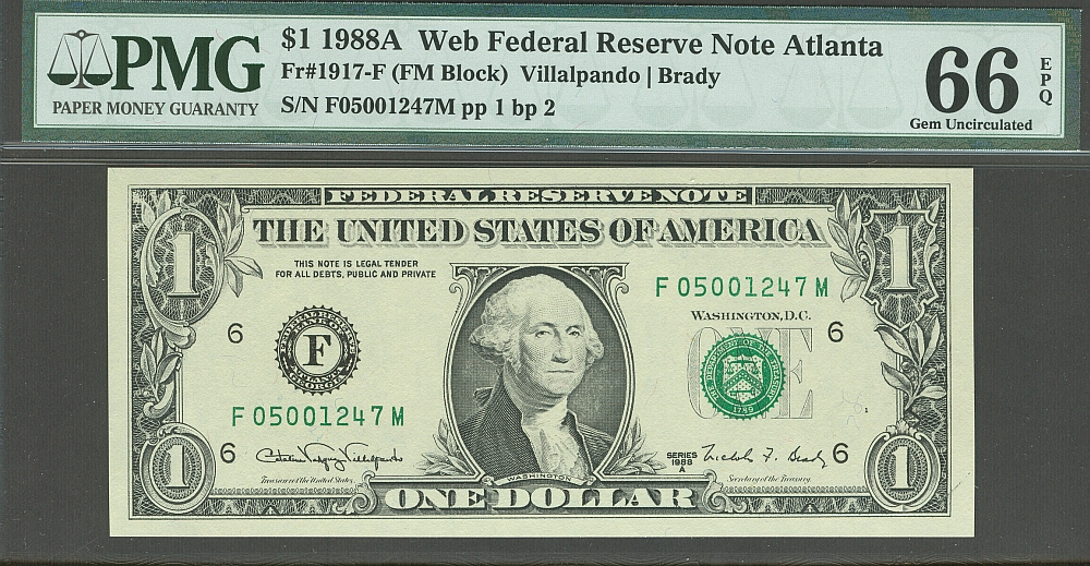 Fr.1917-F, 1988A $1 Web Note - F-M Block, Plate 1/2, GemCU, PMG66-EPQ